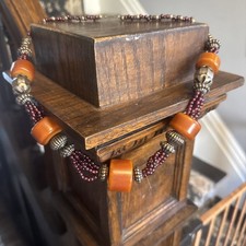 Antique Amber Garnet Silver Bead Necklace - Ethnic Tribal Statement Jewelry