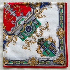 VTG Handkerchief Architectural Baroque Crest Symbol Red Gold Cotton Hanky 18" M