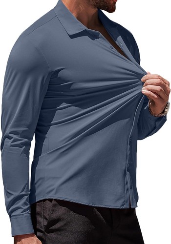 Herren Muscle Fit Oberhemden faltenfrei Langarm Freizeit Button Down Hemden - Bild 2 von 100