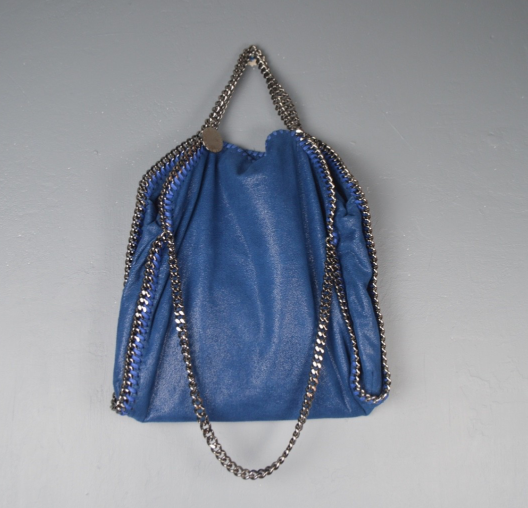 Stella McCartney Blue Metallic Vegan Suede Falabella Tote Bag Silver-Tone Chain