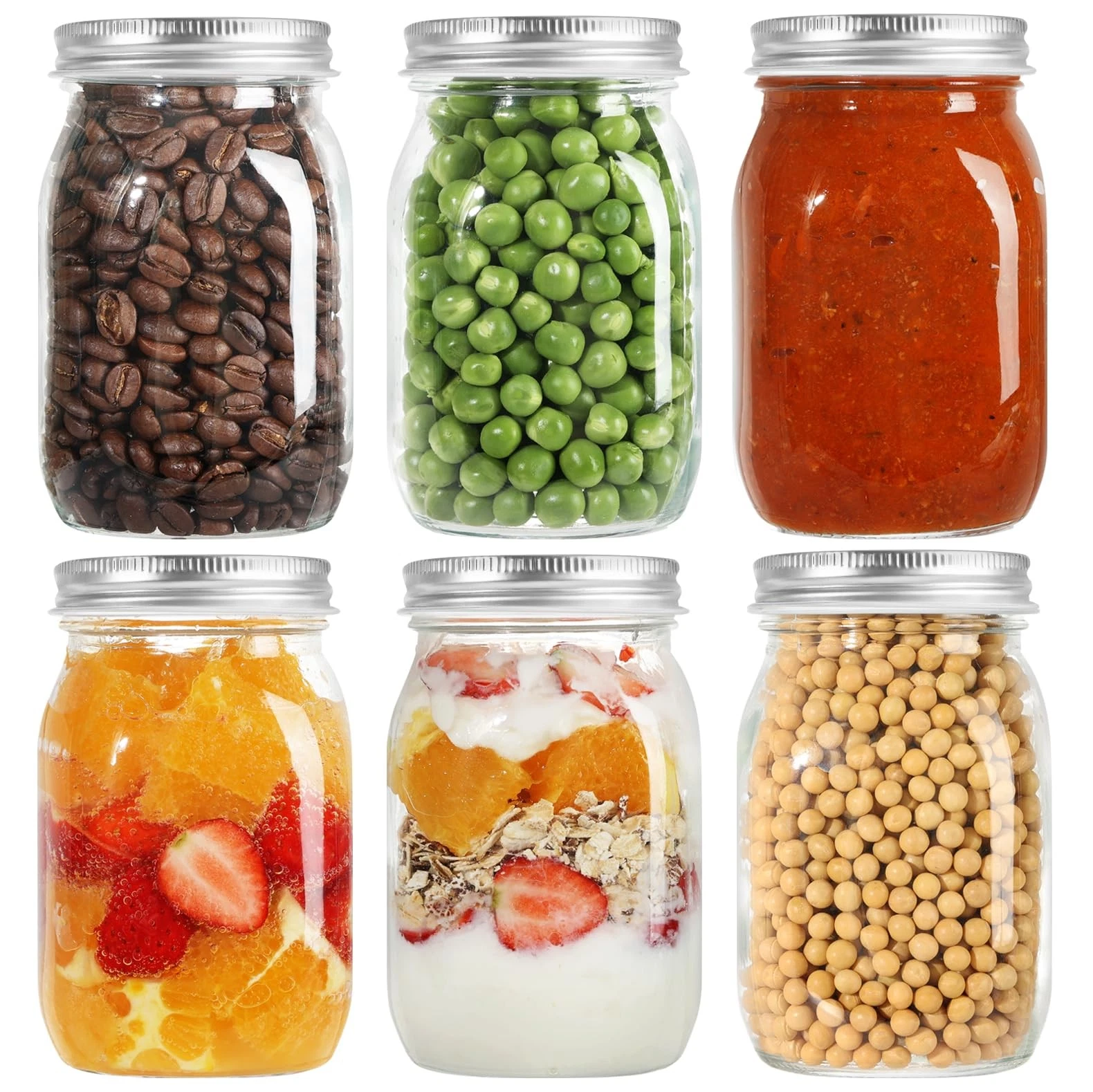 LIMILI Glass Jars with Lids, 6 Pack 500ml/ 16 7 x 7 x 13 cm, 500ml - Silver