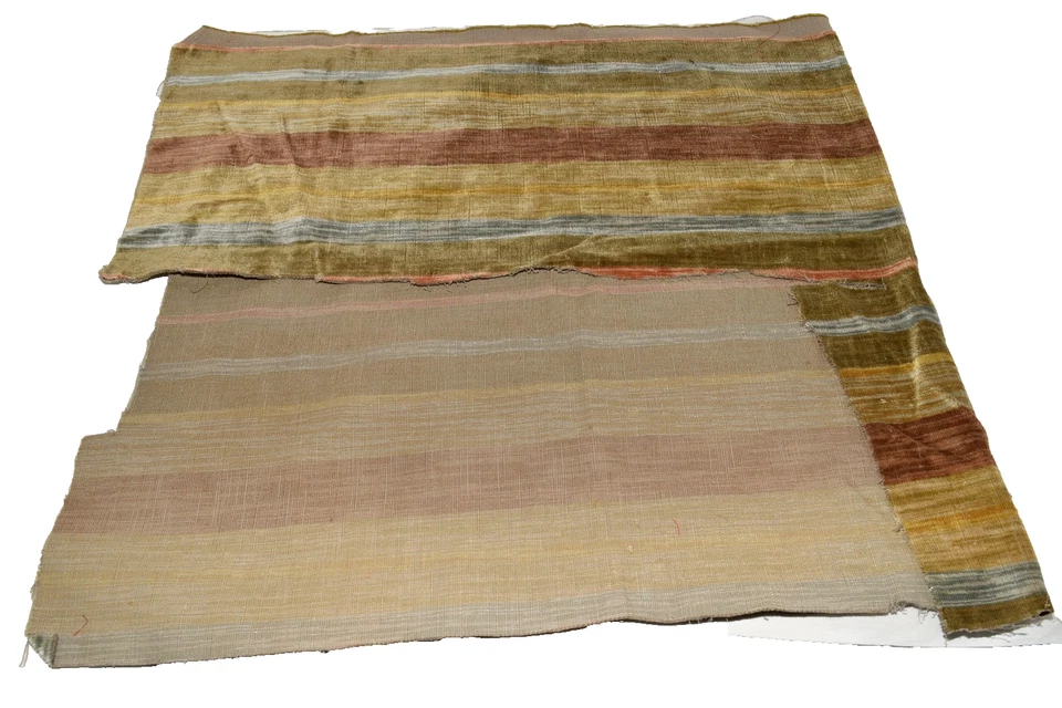 Vintage Olive Green Brown and Blue Striped Velvet Upholstery Fabric Remnant - Image 4 of 4