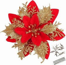 GREENTIME 12 Pcs Glitter Poinsettia 5.5" Artificial Flowers Christmas Red