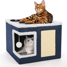 Indoor Cat Bed  House with Scratch Pad  Foldable Cat Cave Condo with Cushions