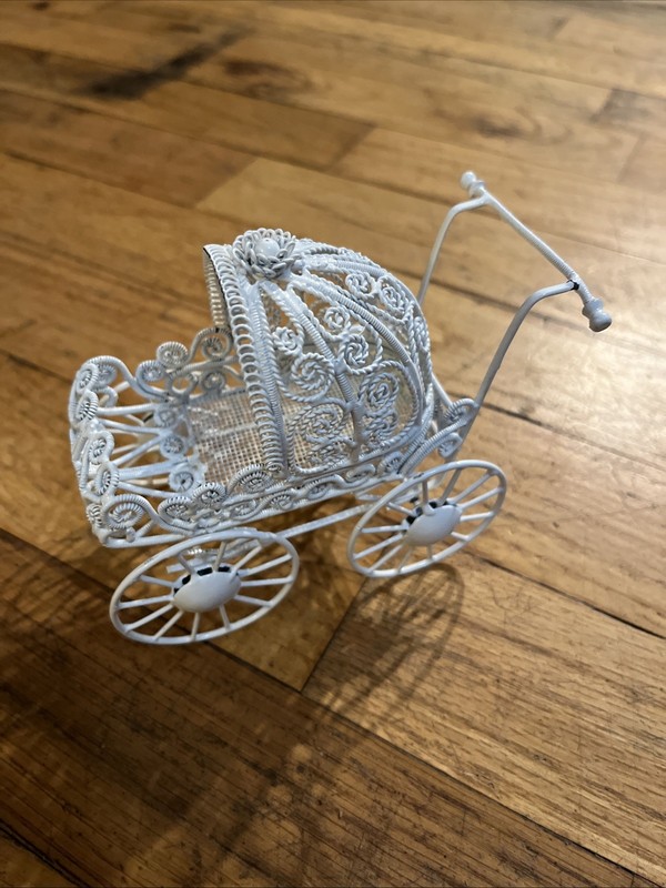 Ornate Miniature Dollhouse Metal Pram Baby Carriage White Filigree
