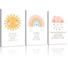 3Pcs Children's Room Canvas Wall Art Cute Sun Rainbow Cloud Painting Pastel B...