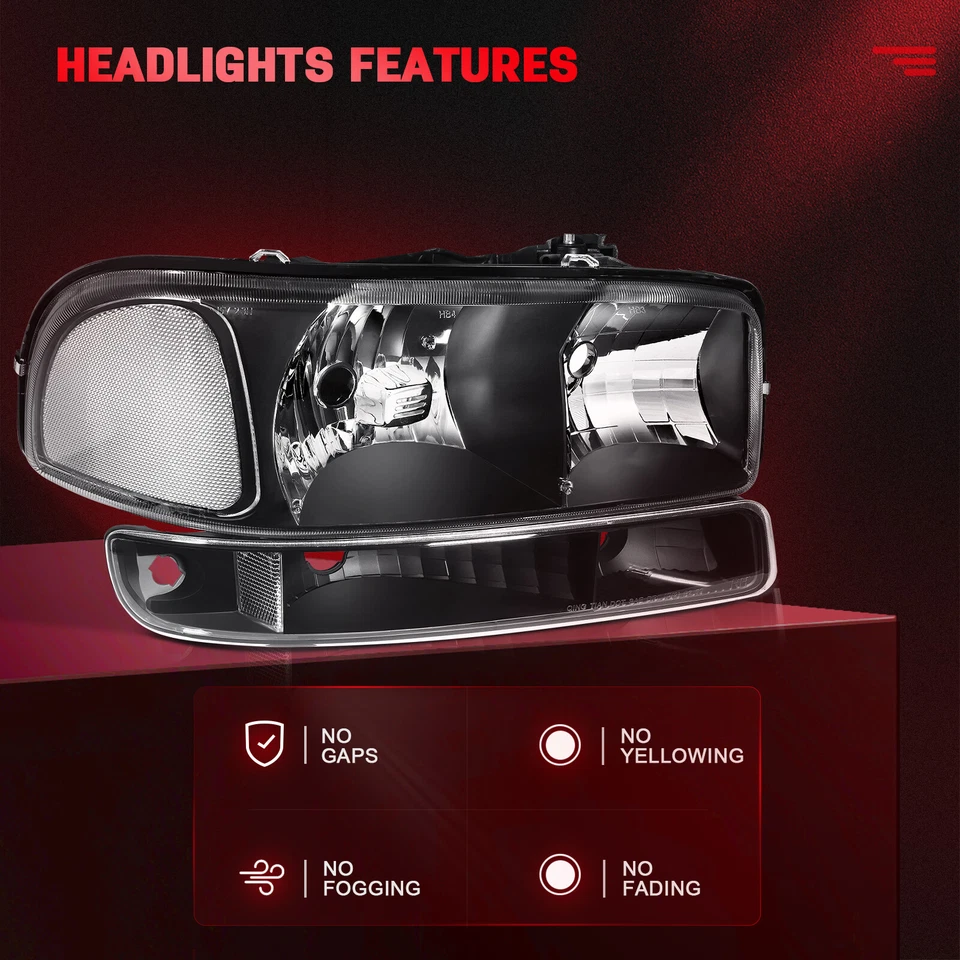 Pair Headlights +Bumper Lamp For 1999-2007 GMC Sierra Yukon 1500 Black Housing - Image 2 of 4