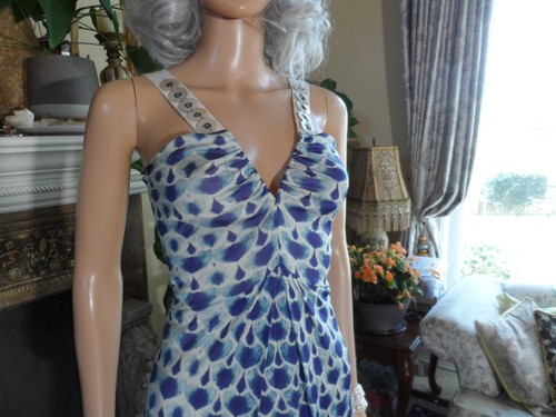 Alberta Ferretti Light Blue/White Print Embellished V Neck Sheath Dress Size 6 - Picture 10 of 24