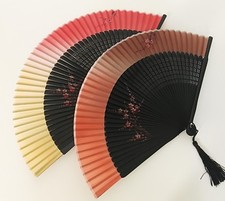 Folding Hand Held Bamboo Silk Fan with Hand-Painted Plum Flower Ombre pink