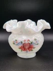 VTG Fenton Opalescent Ruffle Bowl Vase Hand Painted Floral Heart Weave Signed