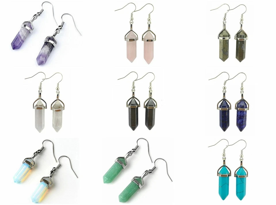 Pair gemstone crystal hexagonal point Reiki Chakra dangle fashion earrings - Image 2 of 4