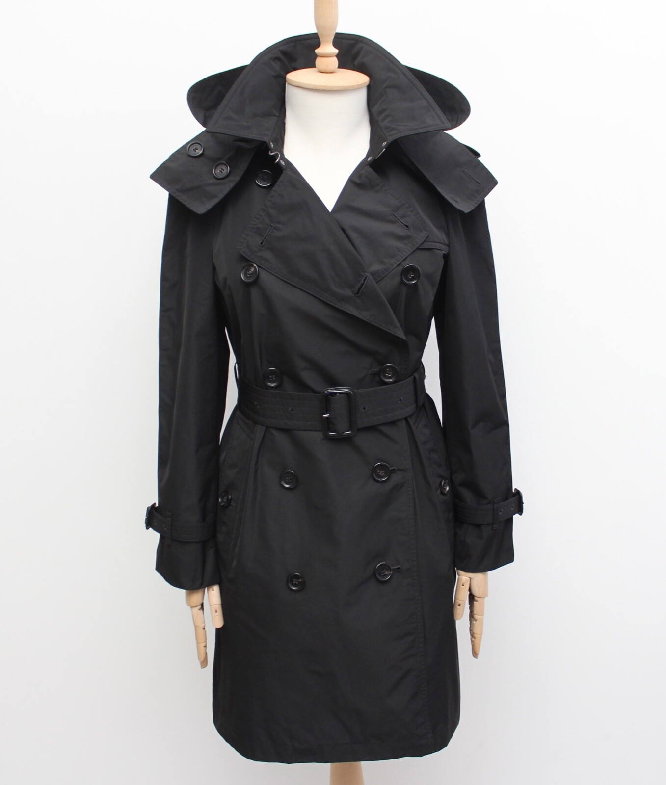 Women's BURBERRY London Amberford Trench Coat Hooded Black RARE US2 fits S image 2