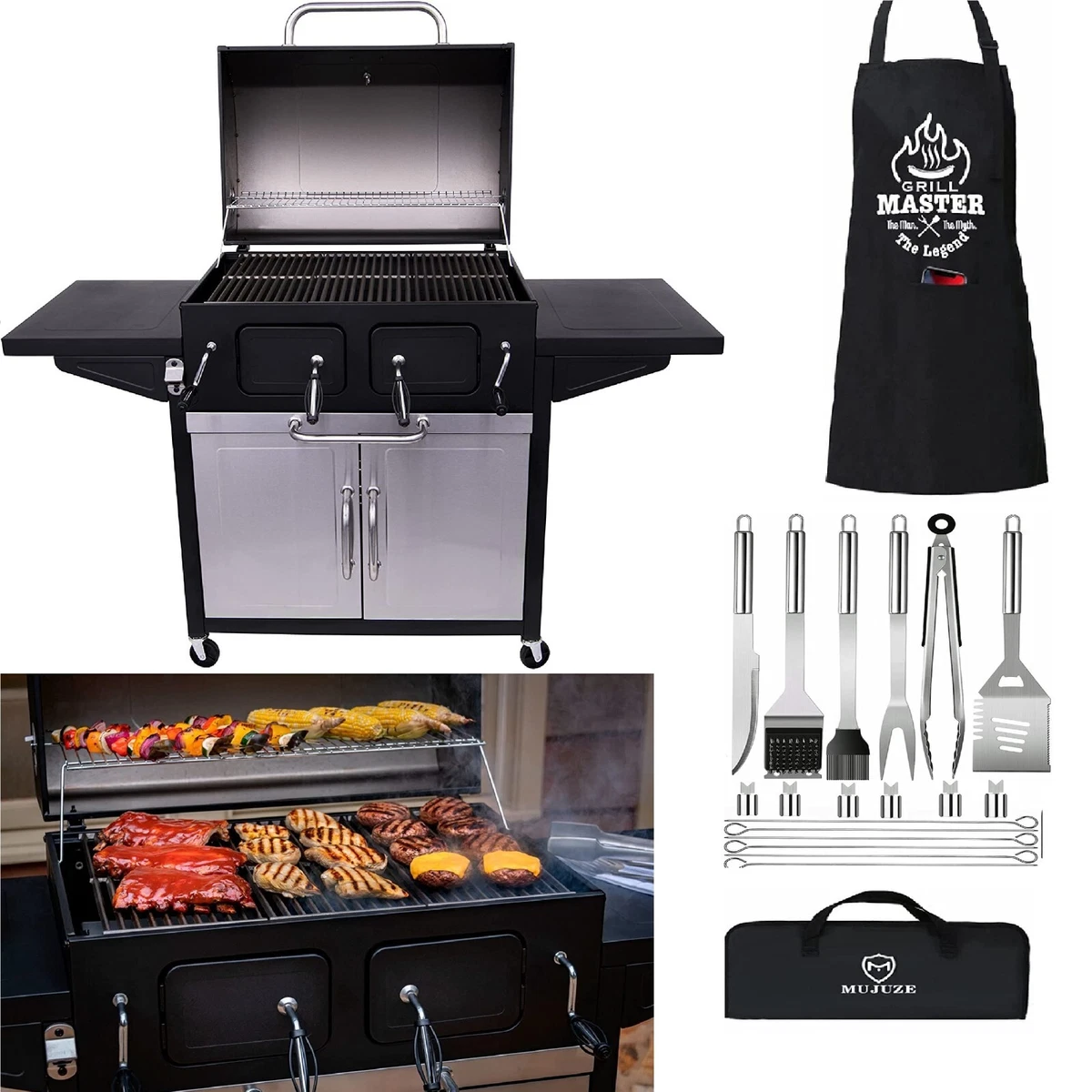 Large Charcoal Grill w Cabinet 851 square inches with BBQ Grilling Accessories