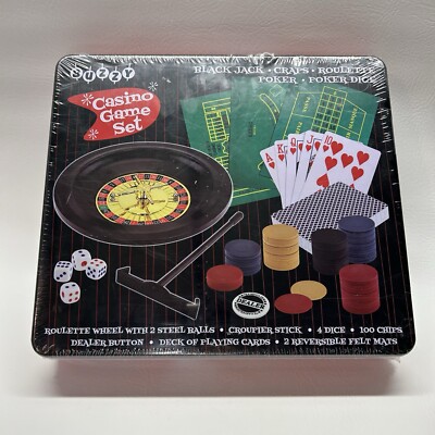 BUZZY 5 Casino Game Set in Tin - Roulette, Poker, Black Jack, Craps, Dice NEW