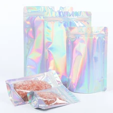 100 Windowed Silver Holographic Stand Up Bags with QuickQlick™ Seal for Food