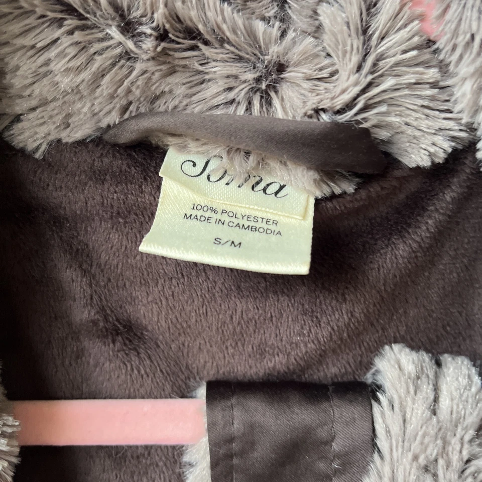 Soma Womens Gray Brown Faux Fur Pinky Plush long Robe Sz S/M belt - Image 3 of 4