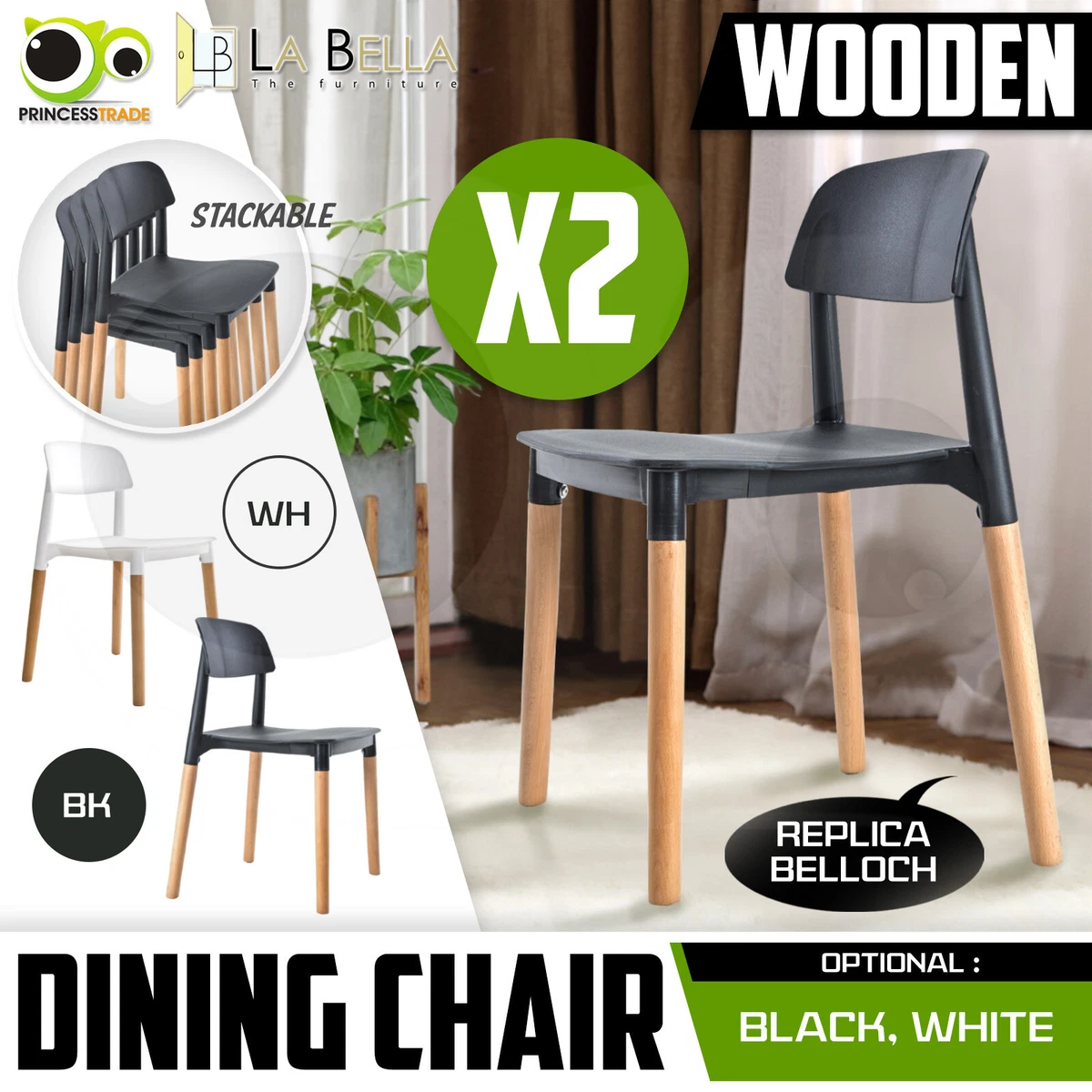 2X Belloch Replica Dining Chair Stackable Designer Retro Wooden Caf Bar