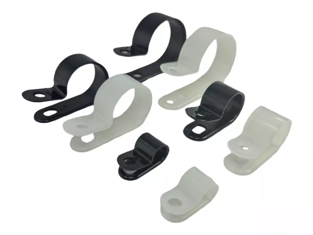 Black & White Nylon Plastic P Clips - Fasteners for Cable Tidy & Tubing