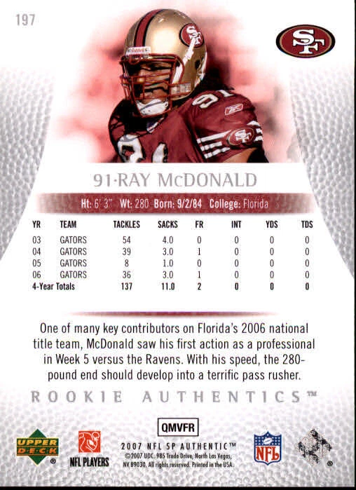B0364- 2007 SP Authentic #197 Ray McDonald RC /999 - NM-MT - Image 2 of 2