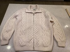 Carraig Donn Sweater Beige Cardigan Cable Chunky Knit Wool Ireland Fisherman XL 