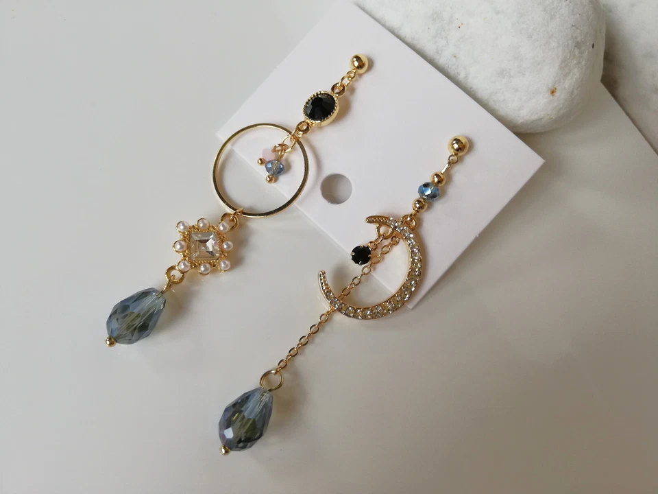 Mond Kristall Ohrringe Asymmetrische Ohrringe 925 Sterlingsilber Pin Gold Neu - Bild 3 von 4