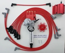 CHEVY SMALL BLOCK RED Small Cap HEI Distributor + Coil + USA WIRES under exhaust