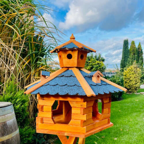 DARLUX Vogel Futter Haus XXL Futterstelle Sechseck Holz Vogelhaus Braun/ Blau - Bild 6 von 6