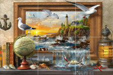 Nautical seascape tropical fish lighthouse sunrise ceramic tile mural backsplash