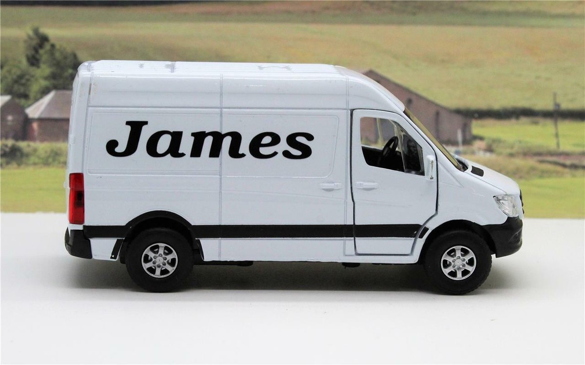 PERSONALISED PLATE and Name Gift White Mercedes Van Boys Toy Model Present Boxed
