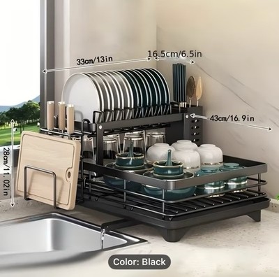 kitchen dish drying rack with Drainboard &, Adjustable 2-Tier Space-Saving