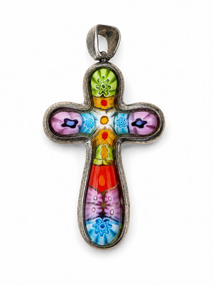 Alan K Sterling Silver 925 Murano Millefiori Glass Cross Pendant