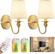 Battery Operated Wall Sconce Set of 2 Gold Rechargeable Remote Wireless Fabric