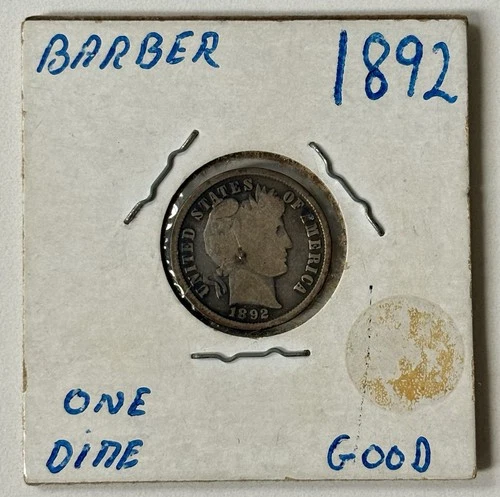 1892 Barber Dime 10C Silver Good Grade Circulated 0.9 Fineness Uncertified Coin