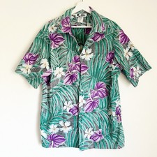 Vtg 1970 s Hilo Hattie Anthurium Plumeria Flower Aloha Green Purple Black Men XL
