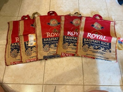 Lot of 5 ROYAL BASMATI Rice Bags Burlap Sacks w/ Zipper & handles. Sacks Only.