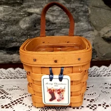 1998 Longaberger Sm Square Key Basket Leather Handle Christmas Tie-on   Plastic