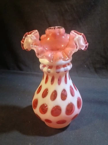 Fenton Cranberry Opalescent Coin Dot Vase VTG