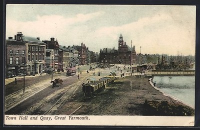 Ansichtskarte Great Yarmouth, Town Hall and Quay, Straßenbahn 