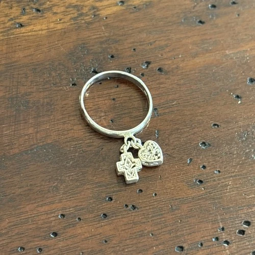 Vintage Signed 3S 925 Sterling Silver Cross & Heart Dangling Charm Ring Size 8