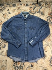 Vintage Wrangler Shirt Mens XL Blue Denim Western Pearl Snap Long Sleeve