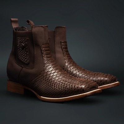 Genuine Leather Exotic Mamba Python Print Square Toe Ankle Western Boots - Brown