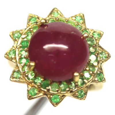 Red Ruby Tsavorit Granat Halo Cluster Ring 925 Sterlingsilber Größe 6.5 Geschenk