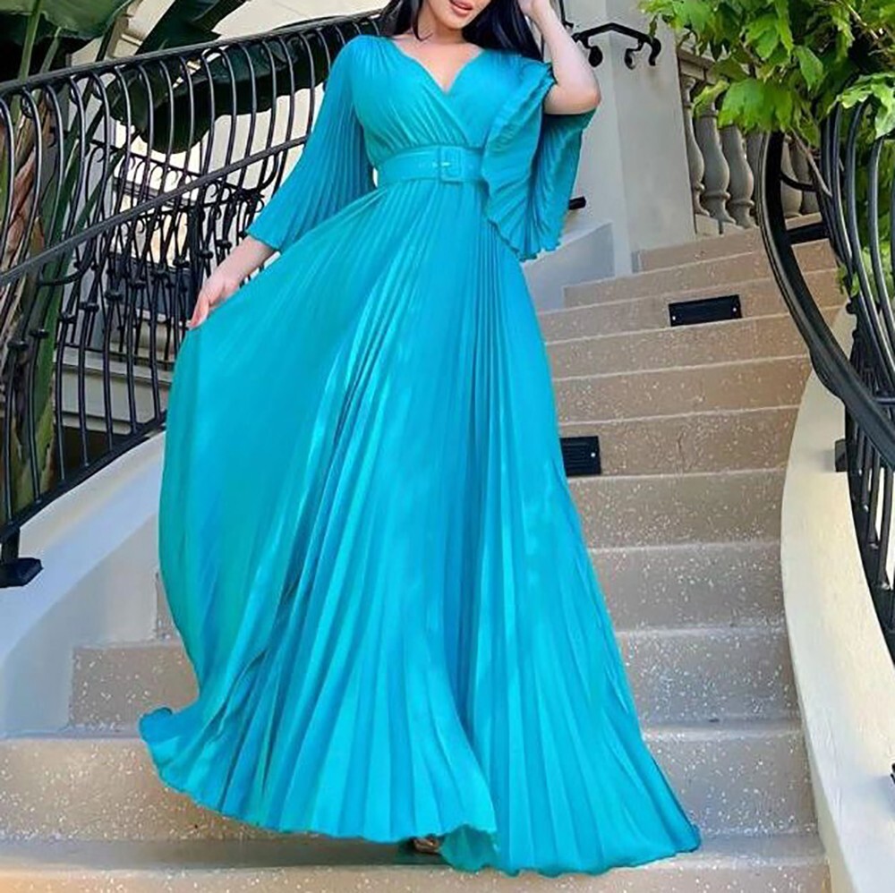 Women's Chiffon Maxi Dress High Waist Pleated Belted Party