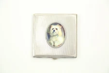 Mappin & Webb London Vintage Solid Silver Makeup Compact with Enamel Dog Lhasa