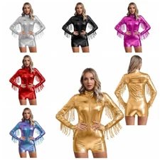 Women Bodysuit Gymnastic Jumpsuit Silky Dancewear Mock Neck Unitards Rave Party