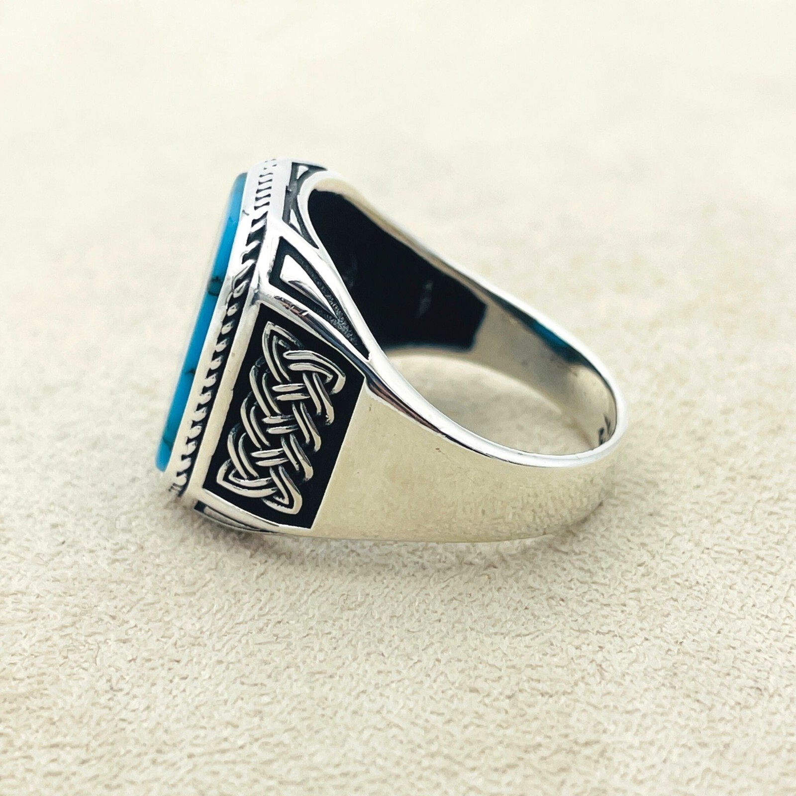 Men's Silver Ring, Blue Turquoise Stone Ring ,925K Sterling Silver,Men