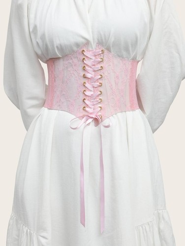 Bid for Pink Color Size M Lace Up Front Corset Belt Embroidered PVC Waist Belt - Photo 1/5