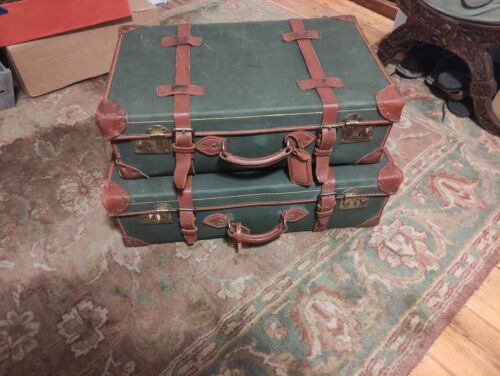 Pair Vintage Papworth Canvas & Leather Belted / Trimmed Travel Trunks Suitcases