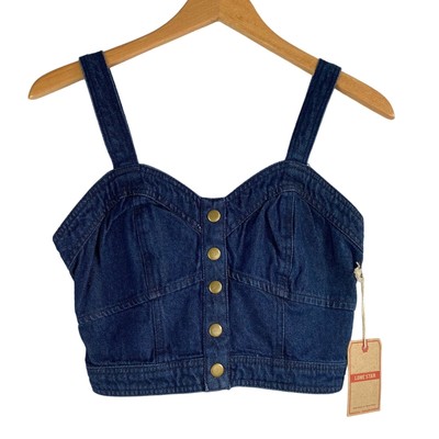 Lone Star Y2K Corset Denim Cropped Top Women Size M Dark Washed Smocked Back