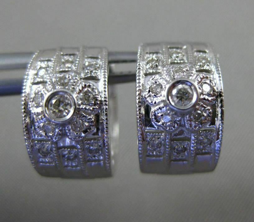 FILA ORECCHINI HUGGIE ESTATE WIDE .28CT DIAMANTE ORO BIANCO 14KT 3D 3 FILE FIORE FLOREALE